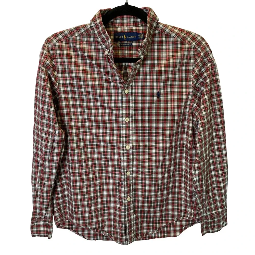 Ralph Lauren Button Down Shirt Boy L 14-16 Red Plaid Natural Stretch Long Sleeve